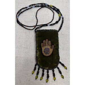 New Hand Beaded 3X5 Crossbody Small Green Velvet Purse With A Beaded Handprint
